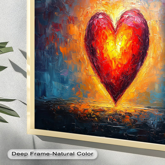 Passionate mood radiates from the 'Radiant Heart' abstract love oil painting reproduction print, bursting with bold colors and an emotional depiction of connection.