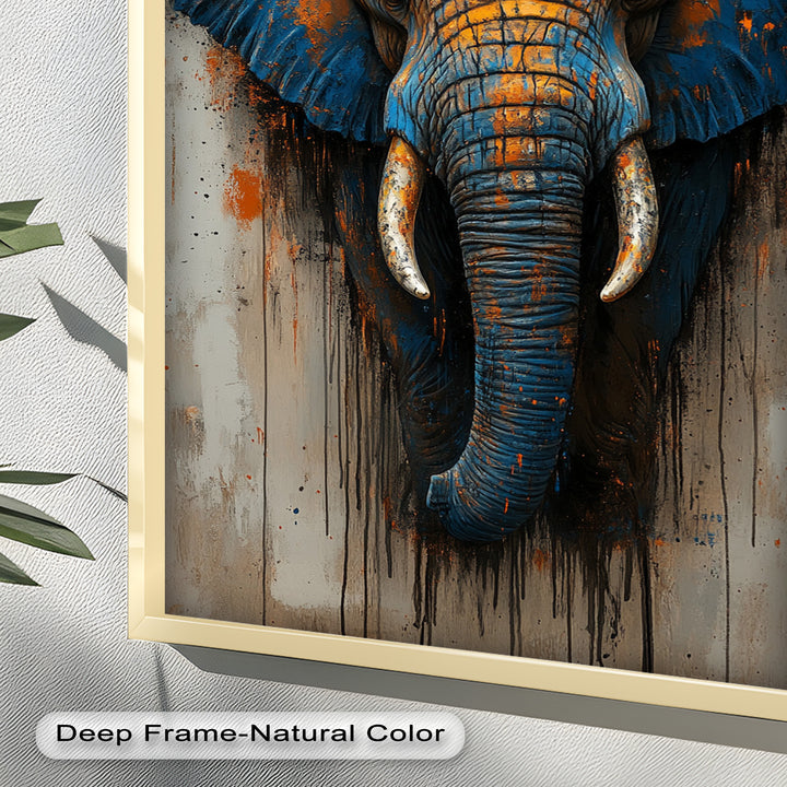 Blue and Orange Elephant Portrait - Animal Oil Painting