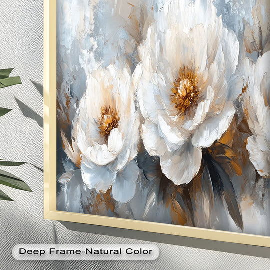 The natural-colored frame borders the flower oil painting artwork, highlighting the texture and depth of the elegant white petals and neutral background.
