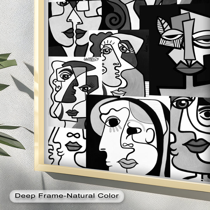 Monochrome Whispers – Collage of Cubist Faces Abstract Oil Painting
