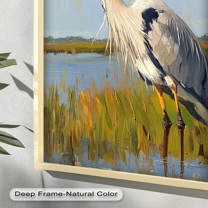 Heron in Sunlit Wetlands - Animal Oil Painting