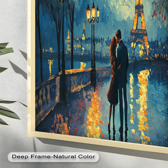 Deep depth and layers accent the luminous Eiffel Glow love oil painting art prints depicting a couple's embrace near the Seine River in Paris.