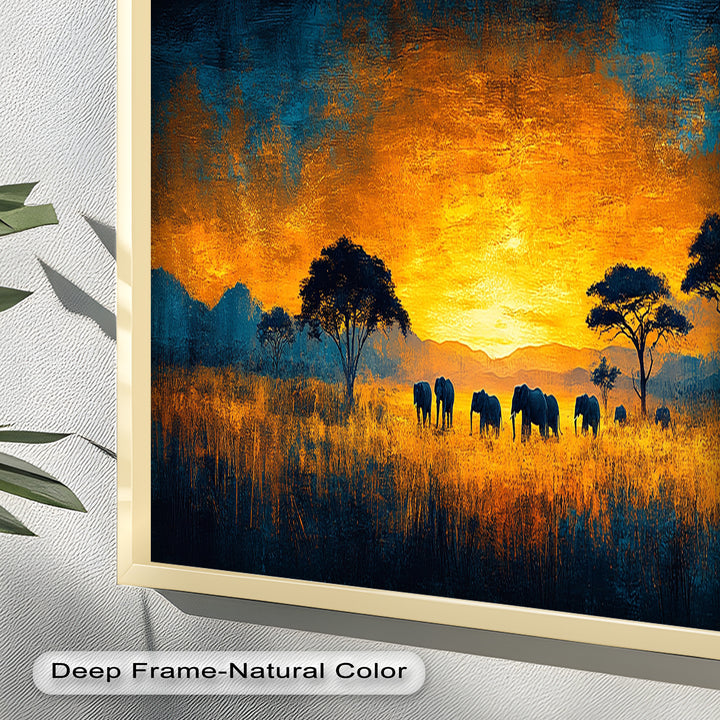 Golden Savannah Sunset – Elephant Silhouette Oil Painting