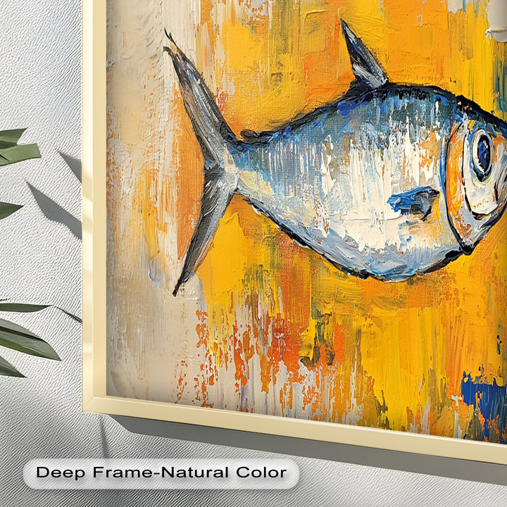 Blue Fish on Vibrant Yellow Background - Animal Oil Painting