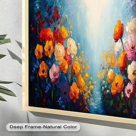 Radiant light defines the softest element of the Multicolor Blossoms in Blue Radiance oil painting artwork, creating a focal point within the floral arrangement.