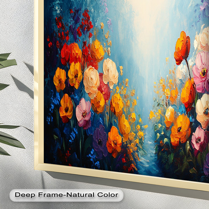 Multicolor Blossoms in Blue Radiance - Flower Oil Painting