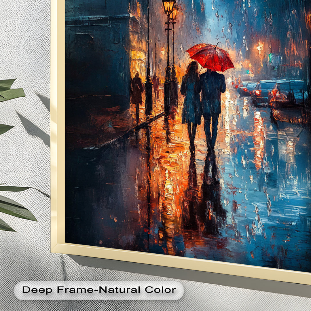 Romantic Couple in Rainy City - Love Oil Painting