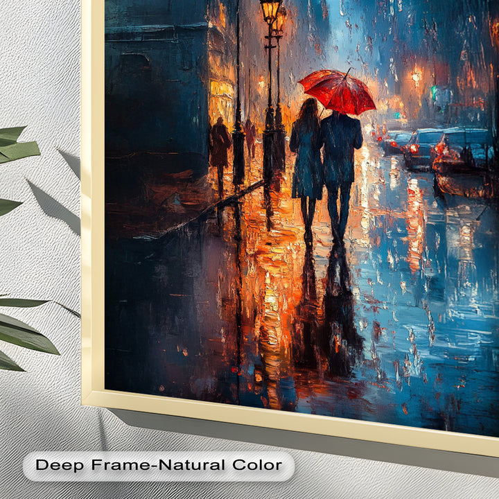 Romantic Couple in Rainy City - Love Oil Painting