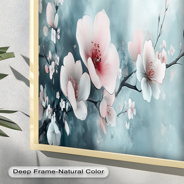 Soft Pink and White Petals on Tranquil Blue - Flower Oil Painting