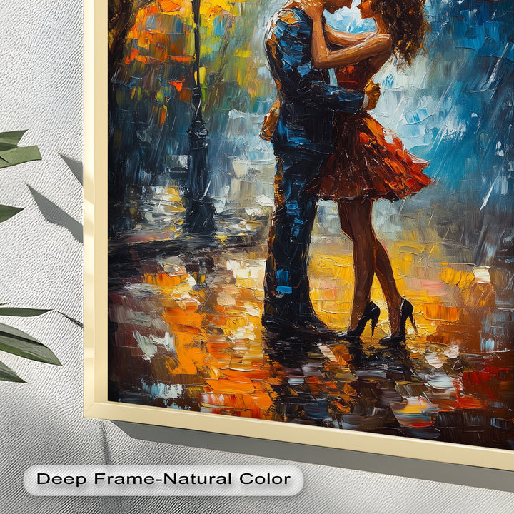 Embrace in Autumn Rain – Passionate Love Oil Painting