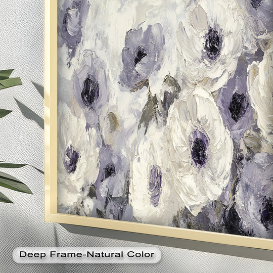Natural-colored frame and the textured brushstrokes of the cream and lilac petals create an artistic oil painting decoration, perfect for a floral arrangement.