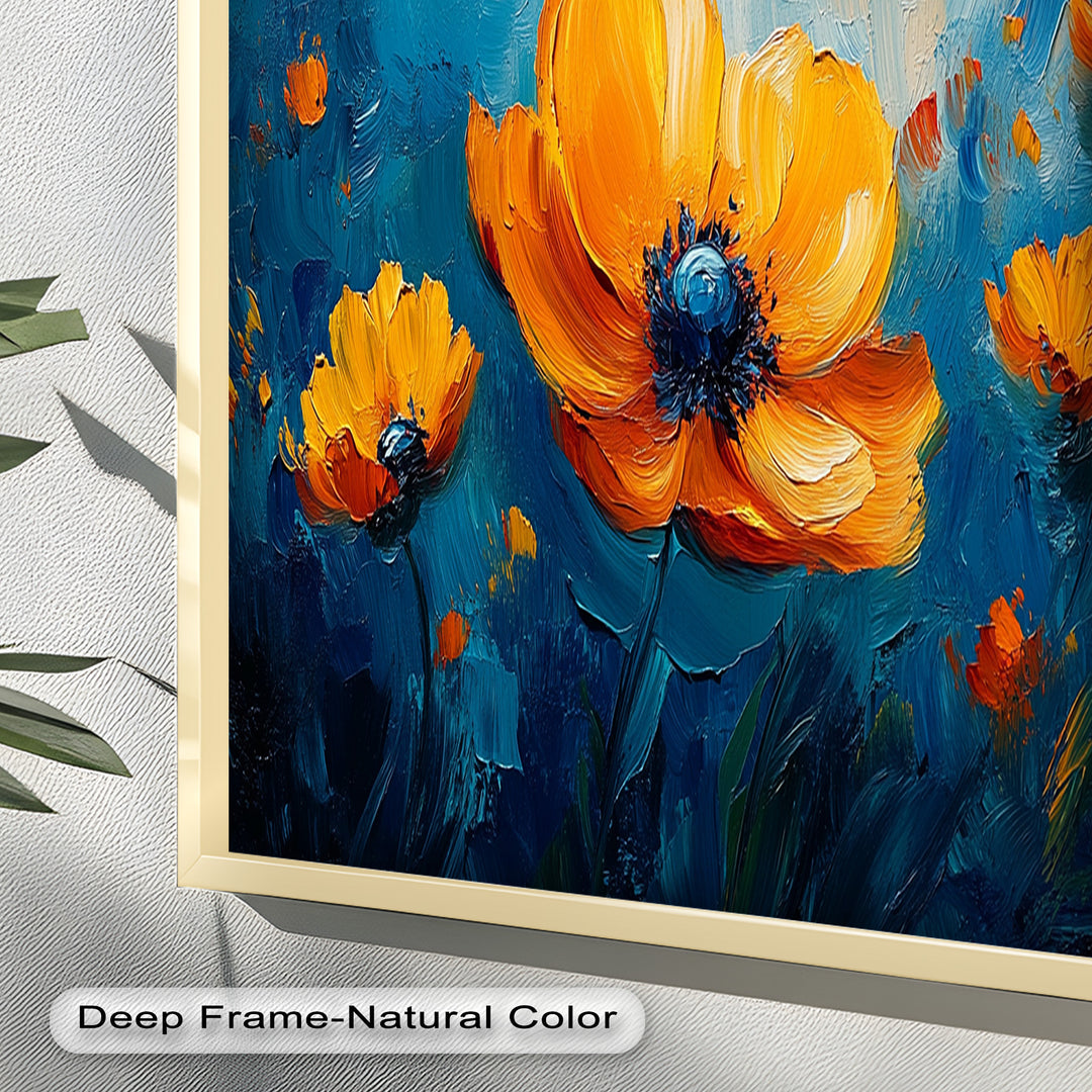 Orange Flowers on Deep Blue - Flower Oil Painting