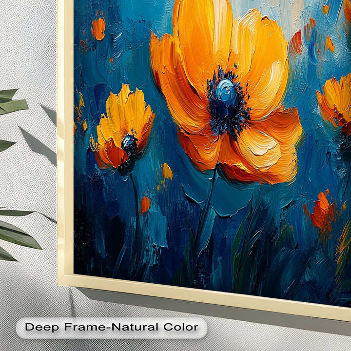 Orange Flowers on Deep Blue - Flower Oil Painting