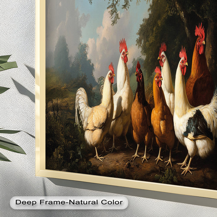 Roosters and Hens in a Countryside Clearing - Animal Oil Painting