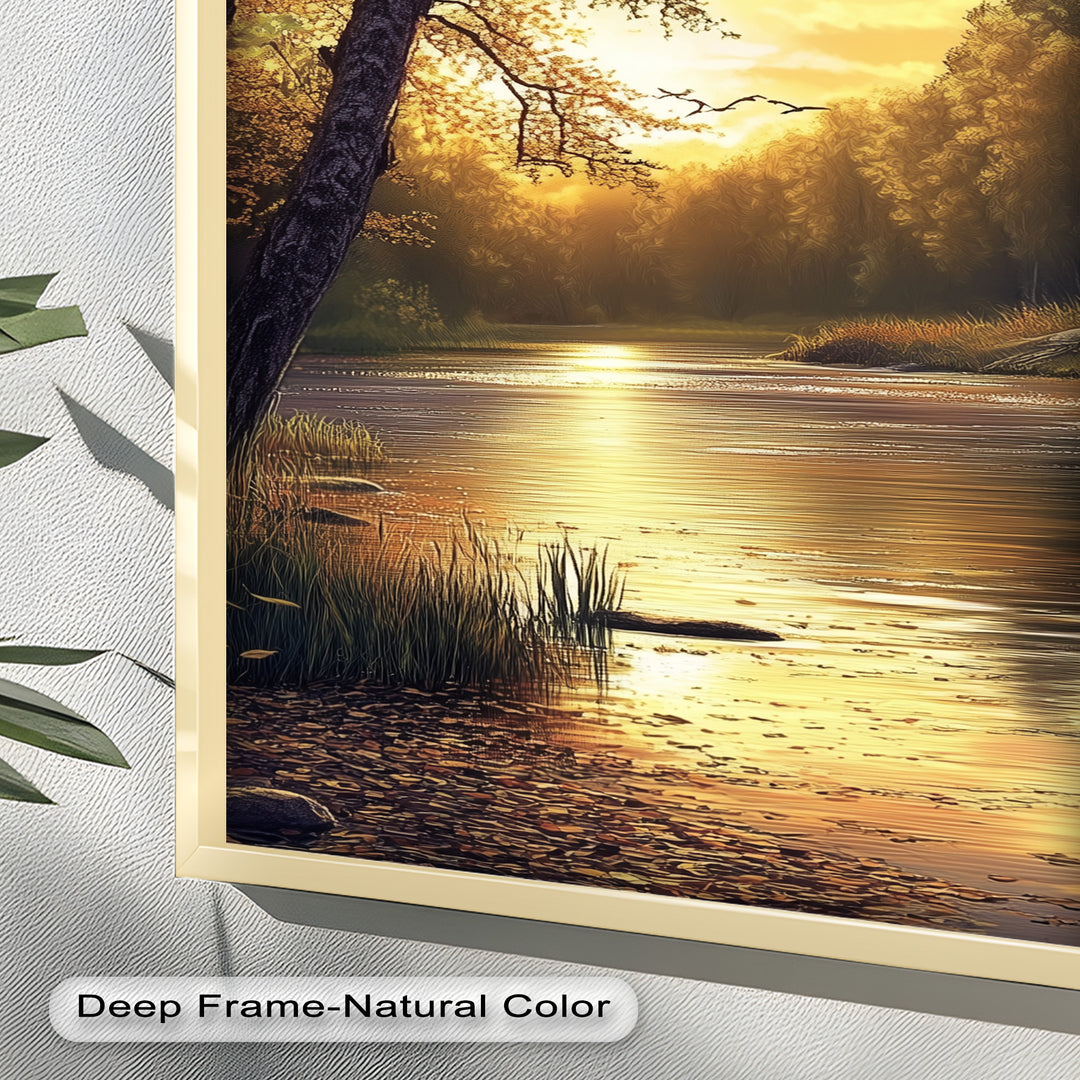 Ölgemälde einer herbstlichen Flusslandschaft – Sonnenuntergangs-Wandkunst
