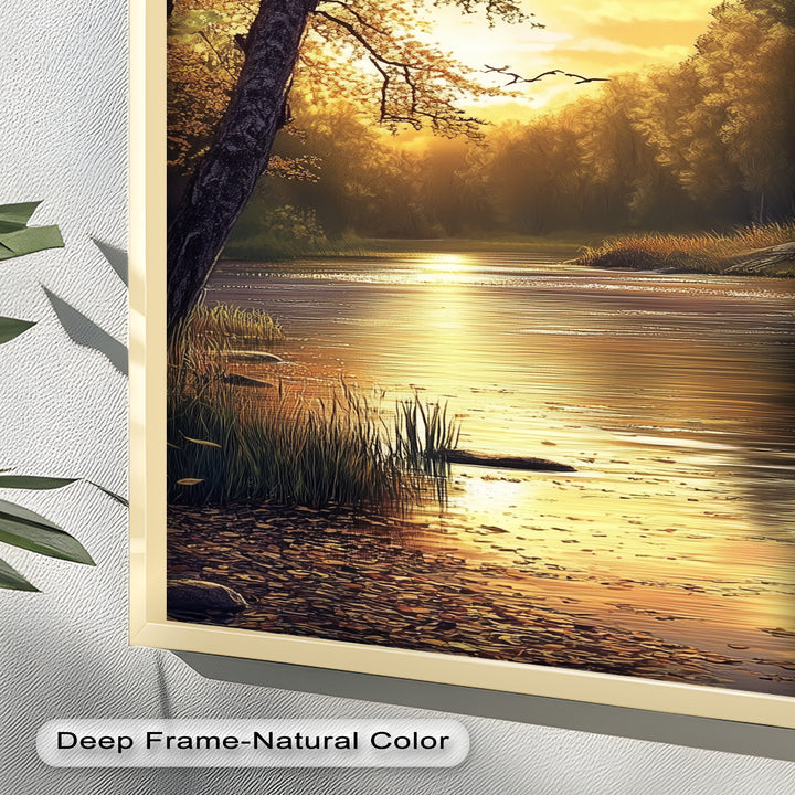 Ölgemälde einer herbstlichen Flusslandschaft – Sonnenuntergangs-Wandkunst