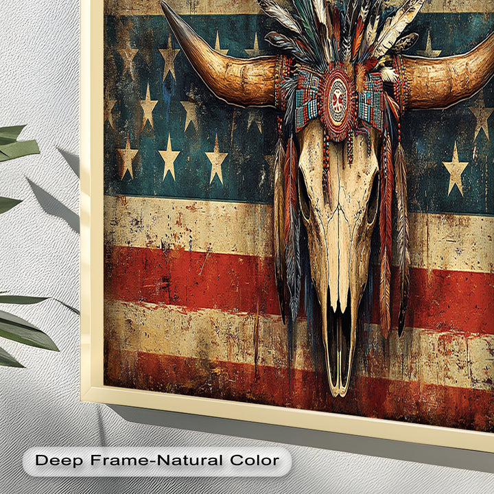 Tribal Longhorn Totenkopf mit Kopfschmuck – Amerikanisches Ölgemälde
