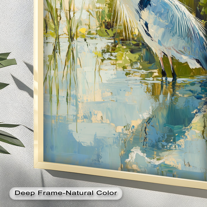 Heron Amid Textured Reflections - Animal Oil Painting