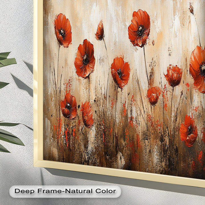 Red Poppies in Earth-Toned Harmony - Flower Oil Painting