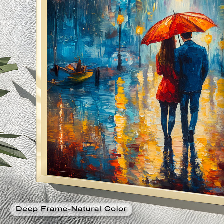 Romantic Couple Strolling Under Red Umbrella - Love Oil Painting