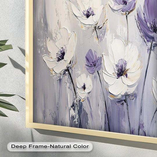 Highlighting the brightest area, this close-up showcases a flower oil painting with white and purple florals, exemplifying modern oil painting art on a misty background.