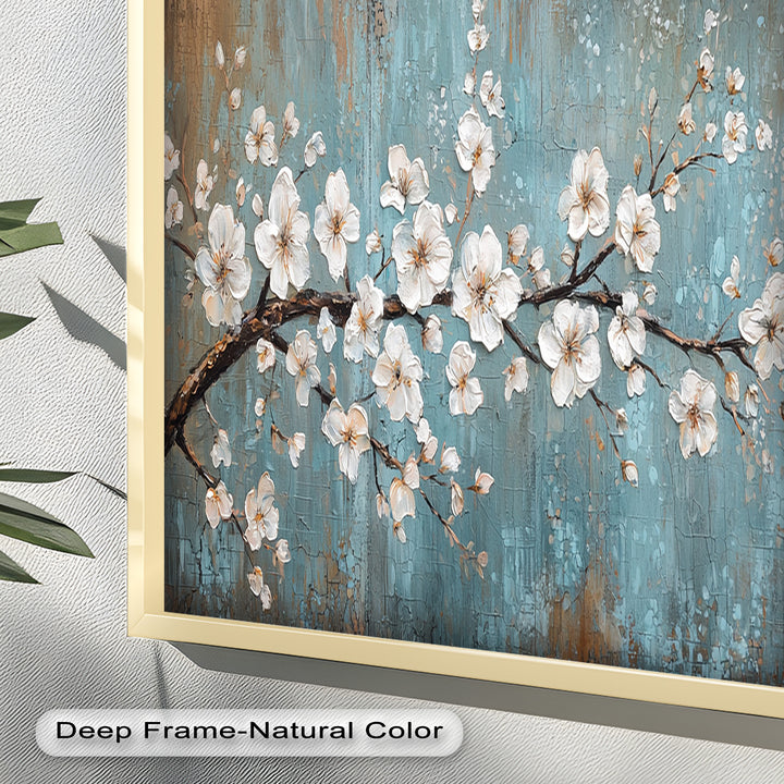 White Blossoms on Blue Textured Branch - Flower Oil Painting