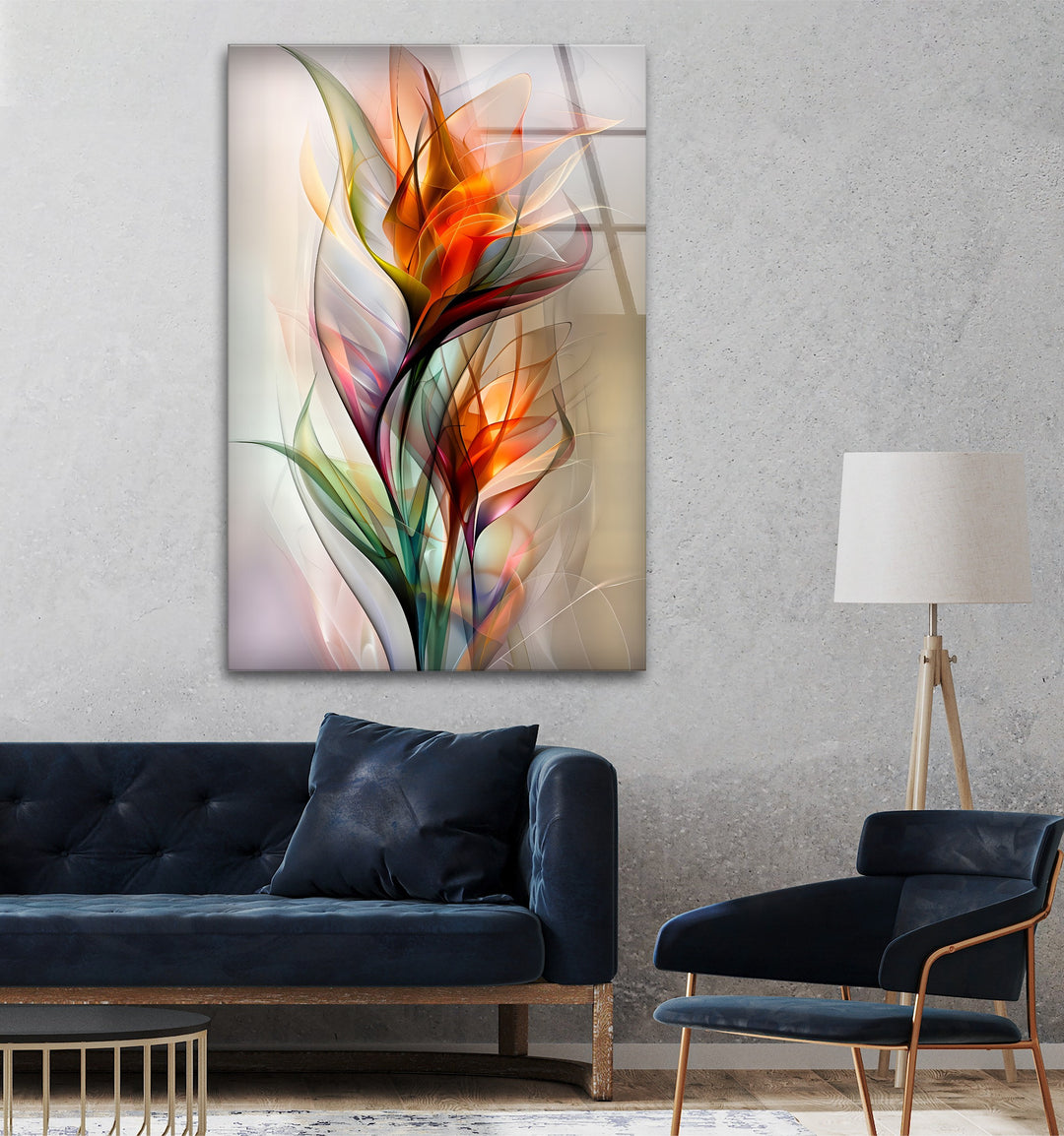 The vibrant mood of the abstract floral glass wall art prints illuminates this modern living space with radiant colors.