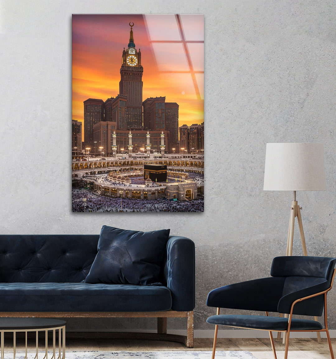 Golden Hour Majesty – Kaaba and Makkah Clock Tower Glass Wall Art