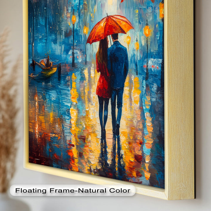 Romantic Couple Strolling Under Red Umbrella - Love Oil Painting