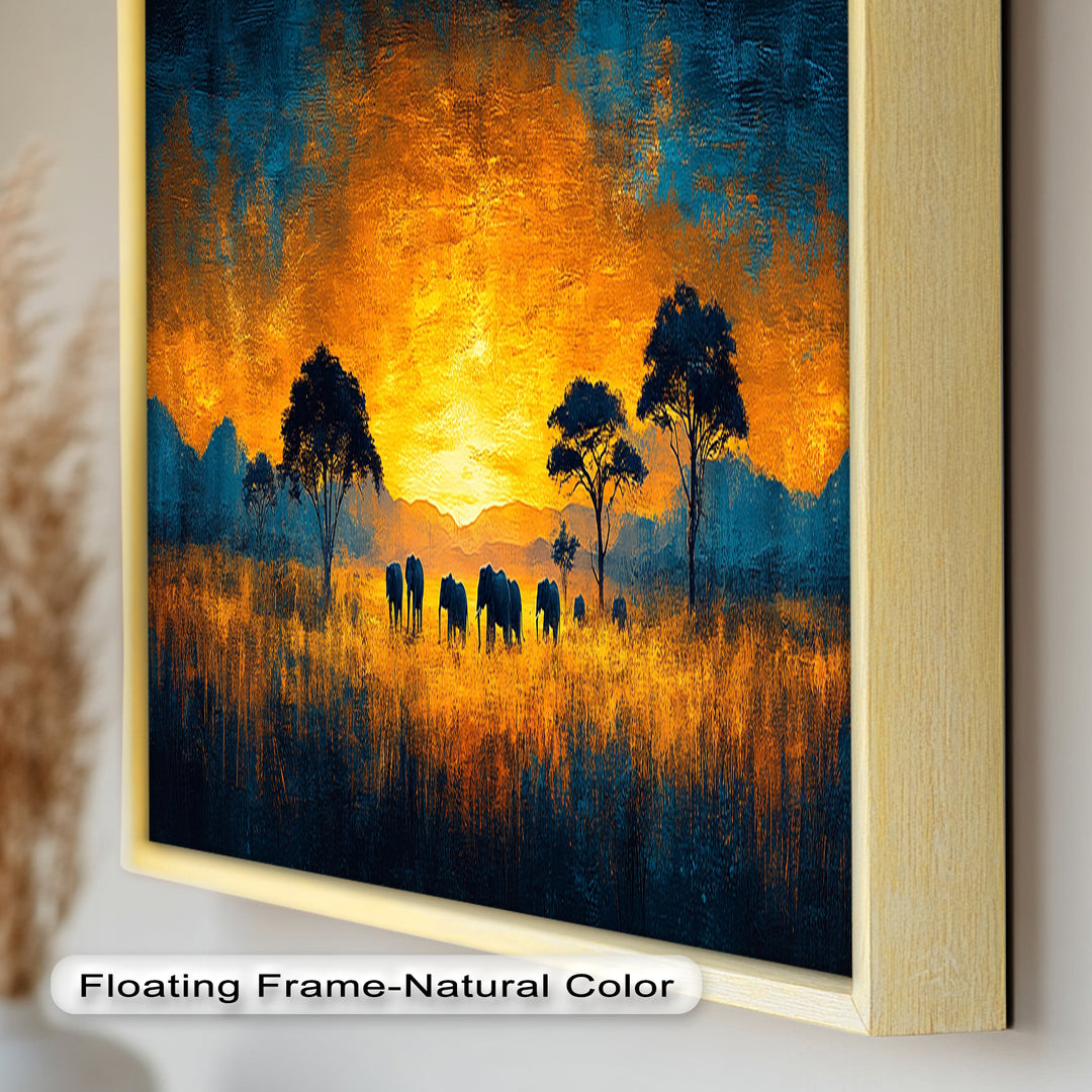 Golden Savannah Sunset – Elephant Silhouette Oil Painting
