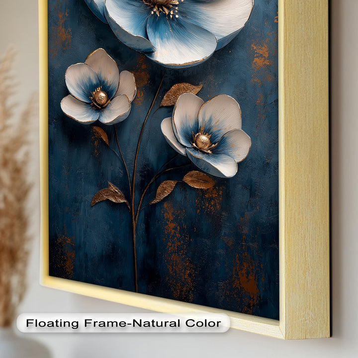 Deep Blue and Metallic Floral Elegance - Flower Oil Painting