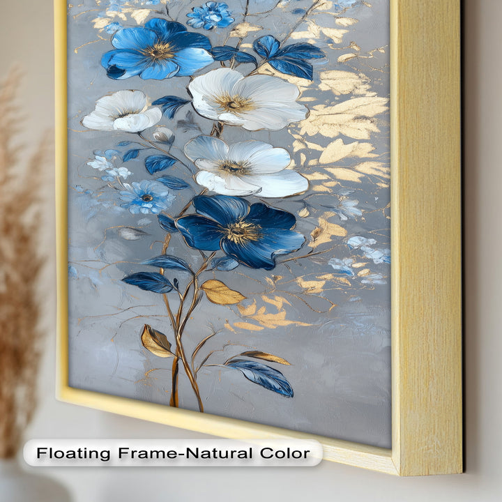 Blau-weiße Blüten Wandkunst – Blumenölgemälde