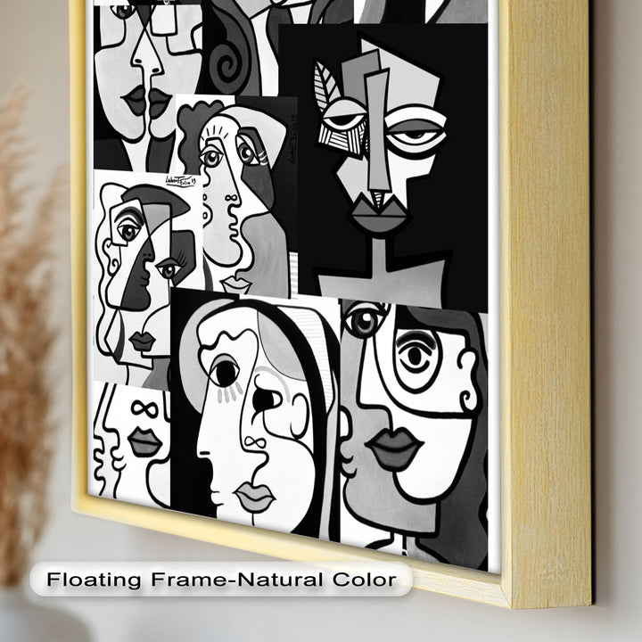 Monochrome Whispers – Collage of Cubist Faces Abstract Oil Painting