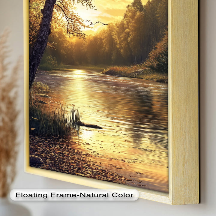 Ölgemälde einer herbstlichen Flusslandschaft – Sonnenuntergangs-Wandkunst