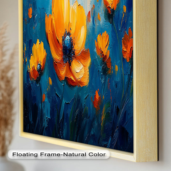 Orange Flowers on Deep Blue - Flower Oil Painting