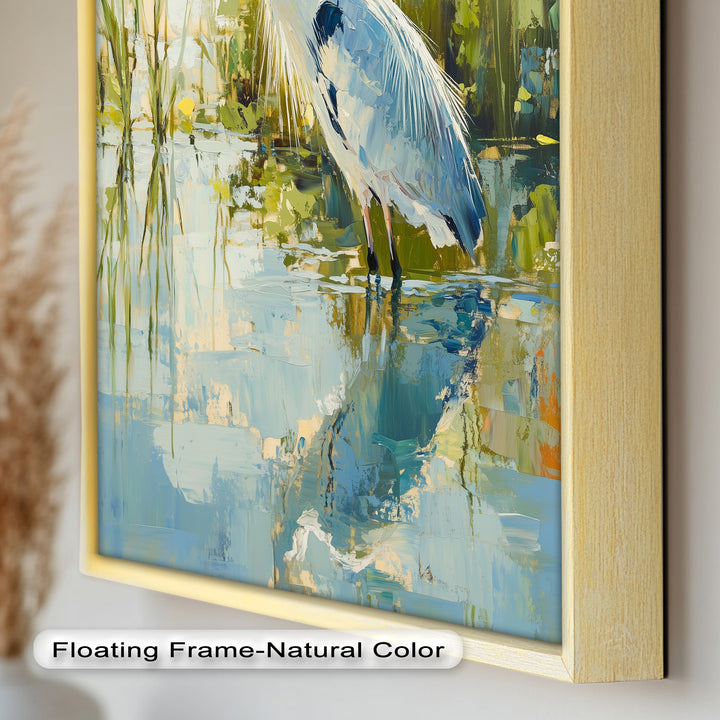 Heron Amid Textured Reflections - Animal Oil Painting