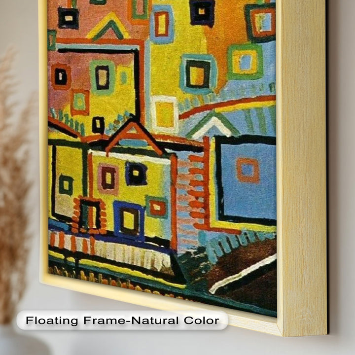Farbenfrohe geometrische Stadtlandschaft als Wandkunst – kubistisches Ölgemälde