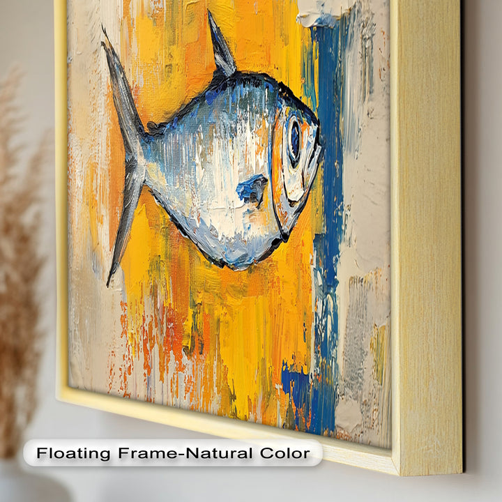 Blue Fish on Vibrant Yellow Background - Animal Oil Painting