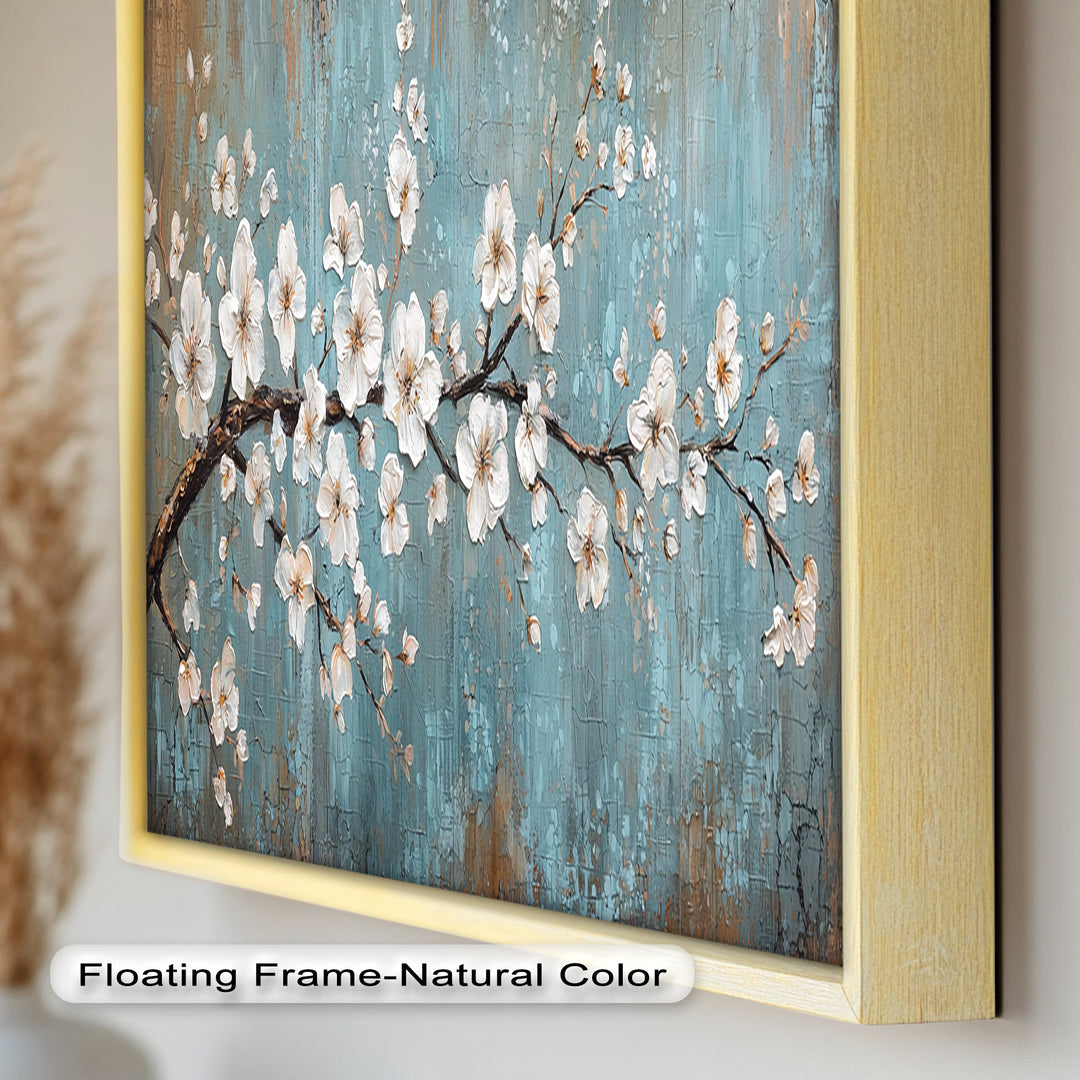White Blossoms on Blue Textured Branch - Flower Oil Painting