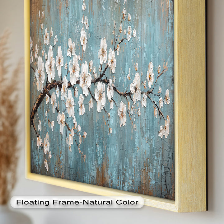 White Blossoms on Blue Textured Branch - Flower Oil Painting