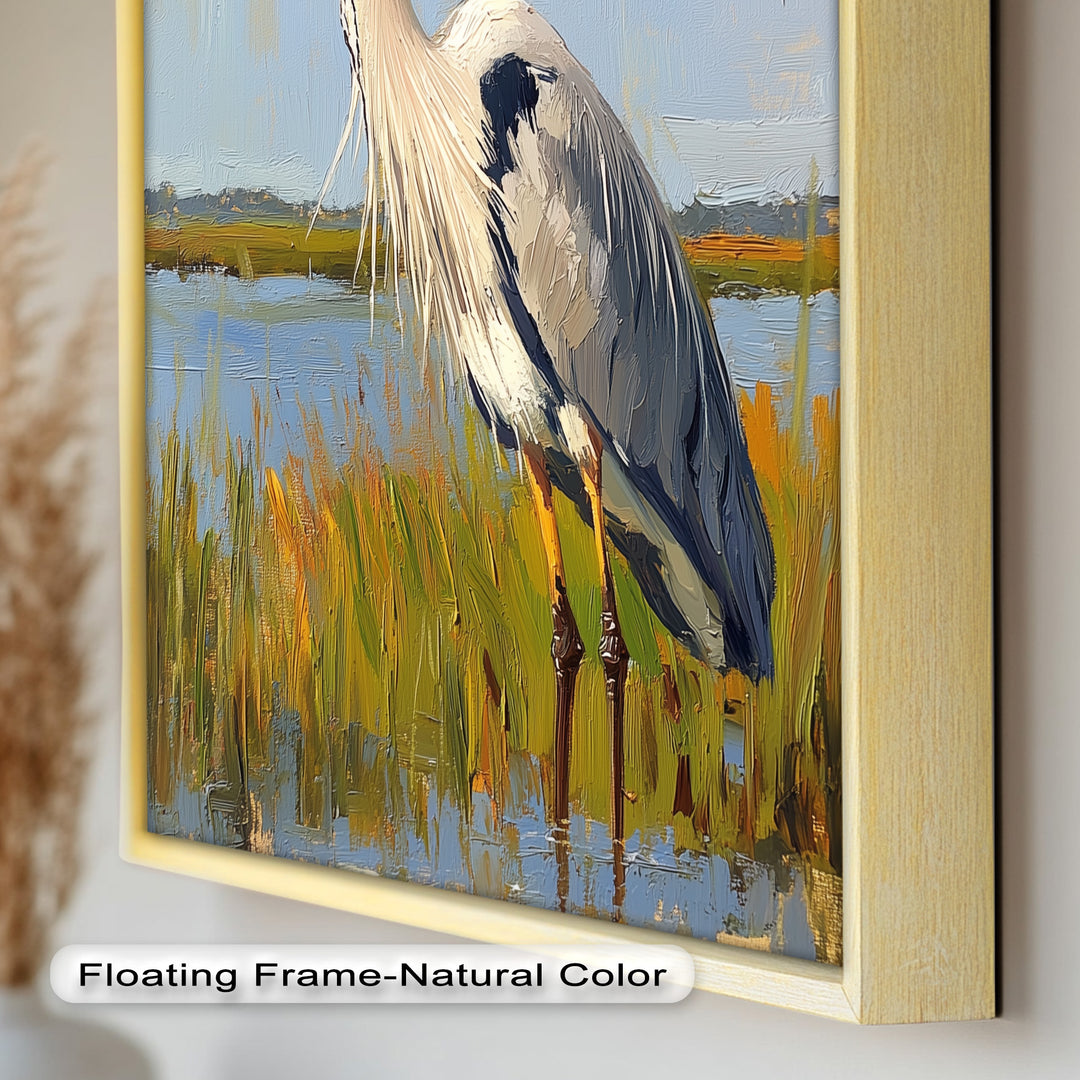 Heron in Sunlit Wetlands - Animal Oil Painting