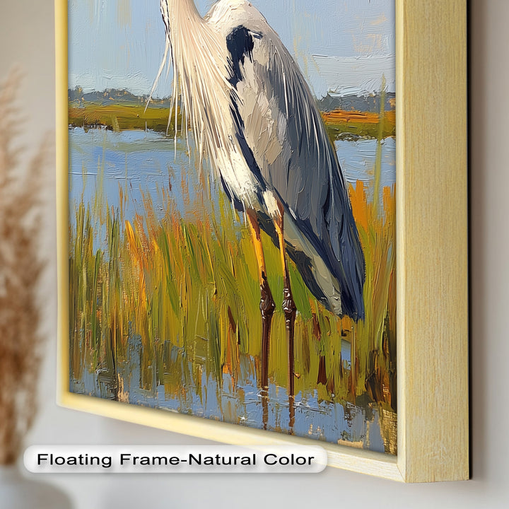 Heron in Sunlit Wetlands - Animal Oil Painting