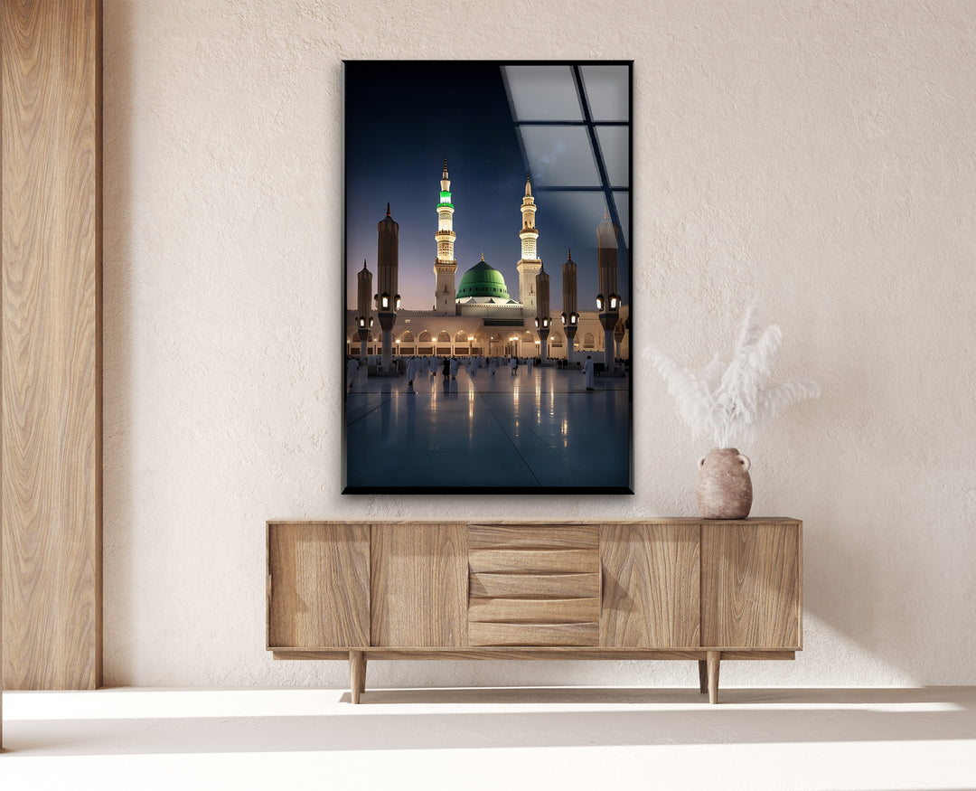 Peaceful night Islamic glass wall art with green dome