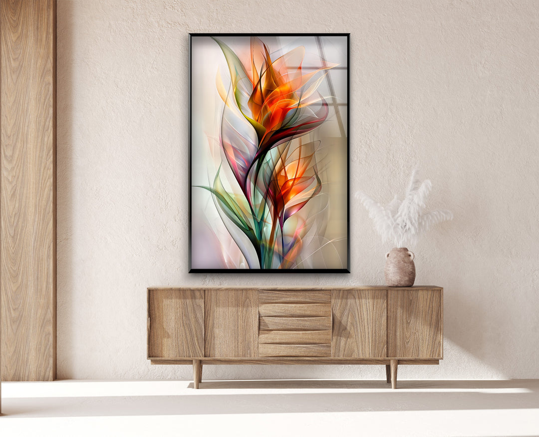 The material quality of this radiant abstract floral glass wall art is exceptional, showcasing vibrant petals with the clarity of best glass art.