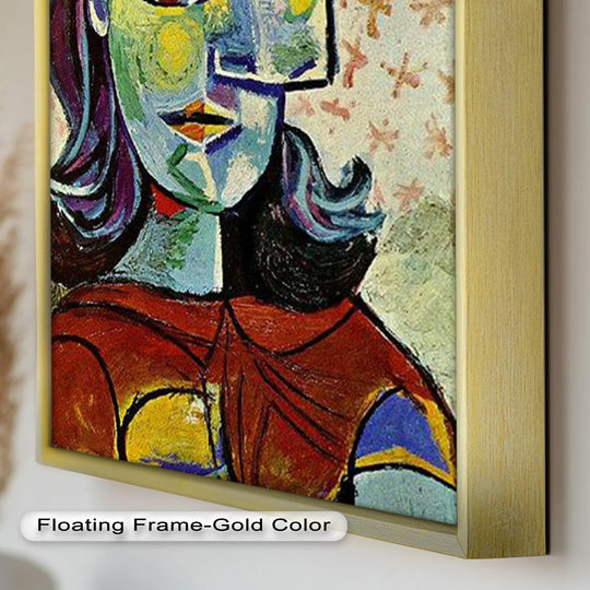 Floral patterned background complementing the colorful portrait in this oil painting reproduction print of a Picasso-inspired artwork.