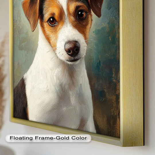 Foreground detail shows the modern oil painting art in this fine art Jack Russell portrait, featuring the dog's soulful gaze in warm, earthy tones.