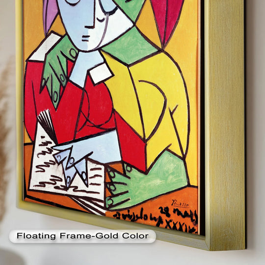 Dominated by vibrant yellows, reds, and greens, this abstract Cubist Lovers in Embrace by Picasso stands out as unique oil painting art prints.