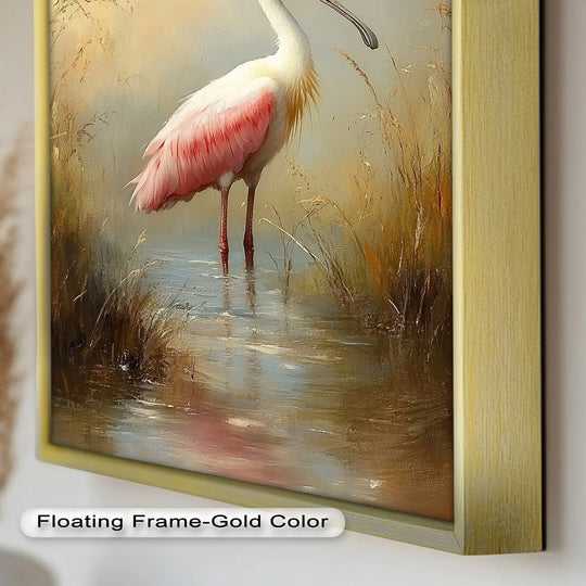 The gold finish on this frame enhances the warmth and elegance of this 'Roseate Spoonbill in Soft Light' animal oil painting, contributing to its refined oil painting home decor.