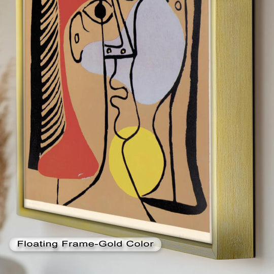 Dominated by beige, tan, and light yellow hues, this geometric gaze abstract dual-faced portrait is a striking oil painting home decor piece inspired by Picasso.