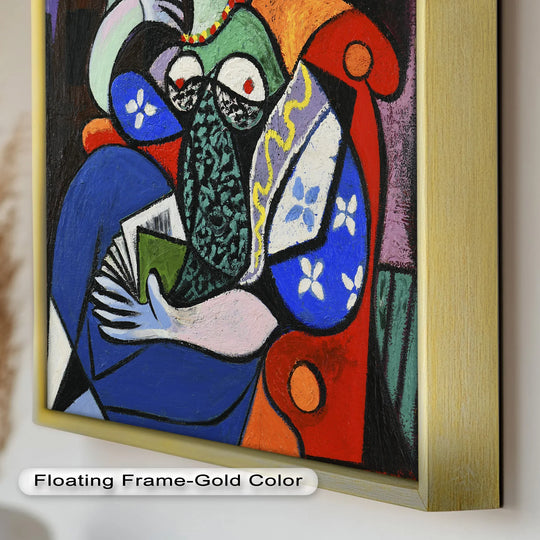 Framed within the bold gold floating frame, the painting's dramatic red armchair steals the show in this evocative oil painting art piece.